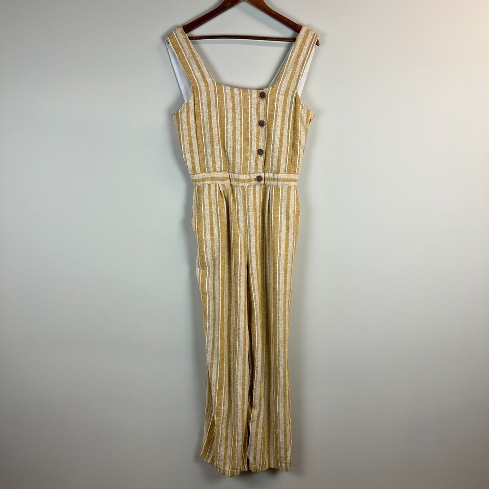 Indigo Rein Jumpsuit Women Large Yellow Linen Blend Wide Leg Sleeveless Bohemian